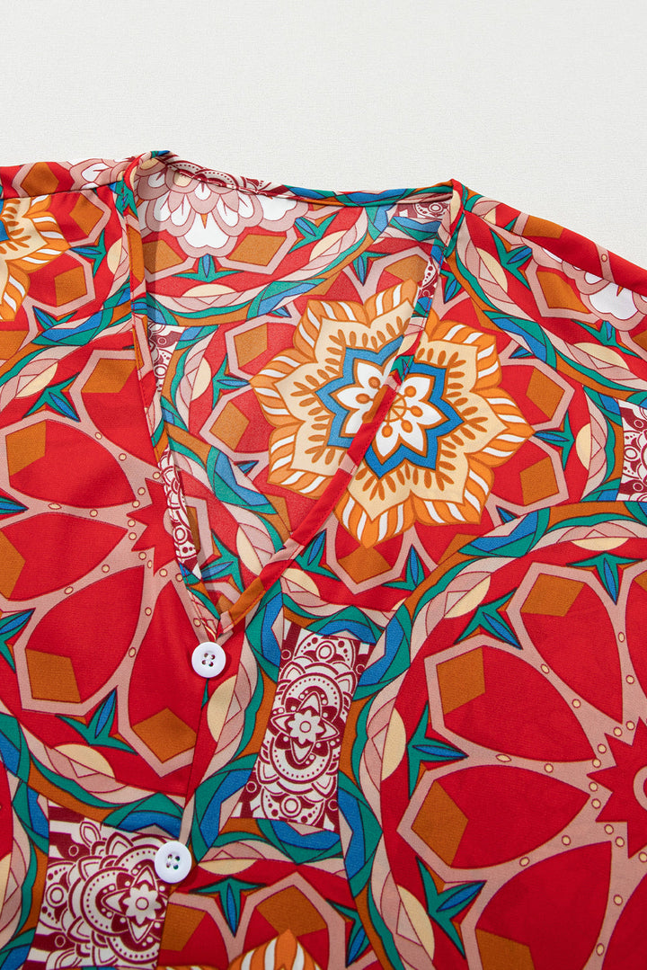 Floral Print Batwing Sleeve V Neck Blouse