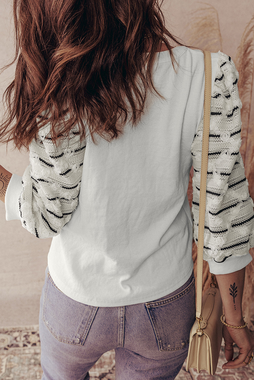 Button Placket 3/4 Striped Sleeve Patchwork Rib Knit Top