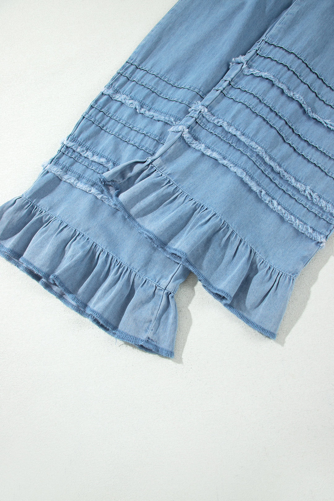 Casual Beau Blue Ruffled Hem Wide Leg Chambray Pants
