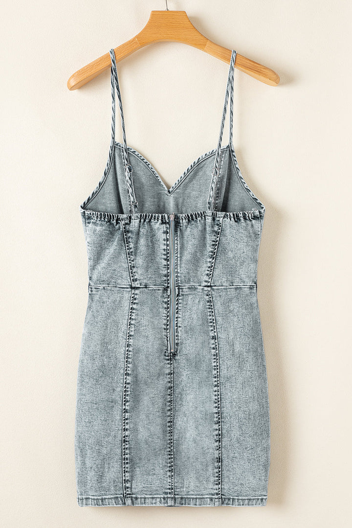 Sleeveless V Neck Back Zipped Denim Dress