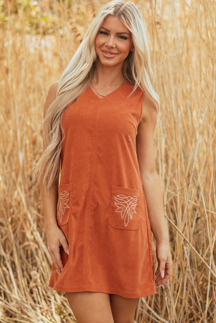 Corduroy Western Embroidered Patched Pocket Shift Sleeveless Mini Dress
