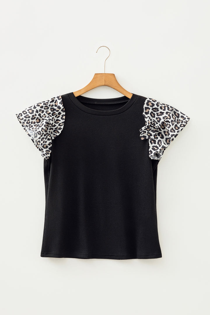 Contrast Leopard Ruffled Short Sleeve Ribbed Knit Top