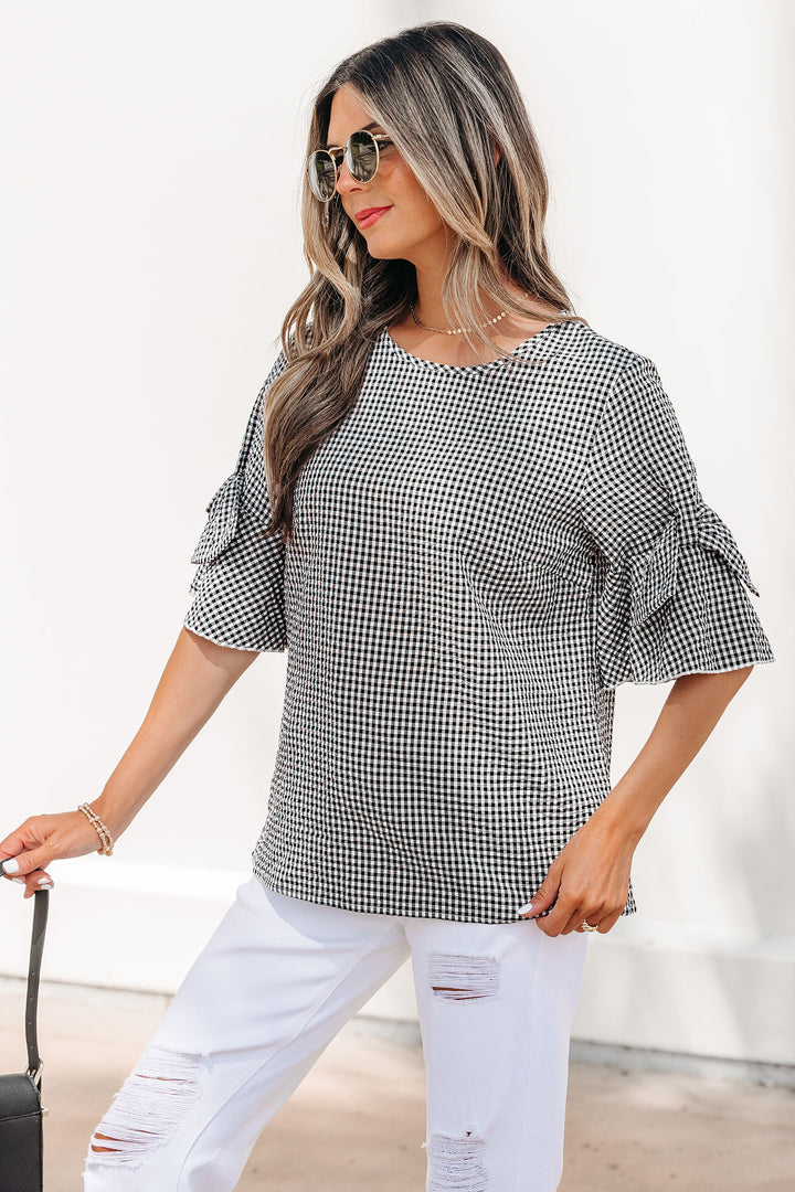 Black Plaid Bow Ruffled Half Sleeve Round Neck Blouse