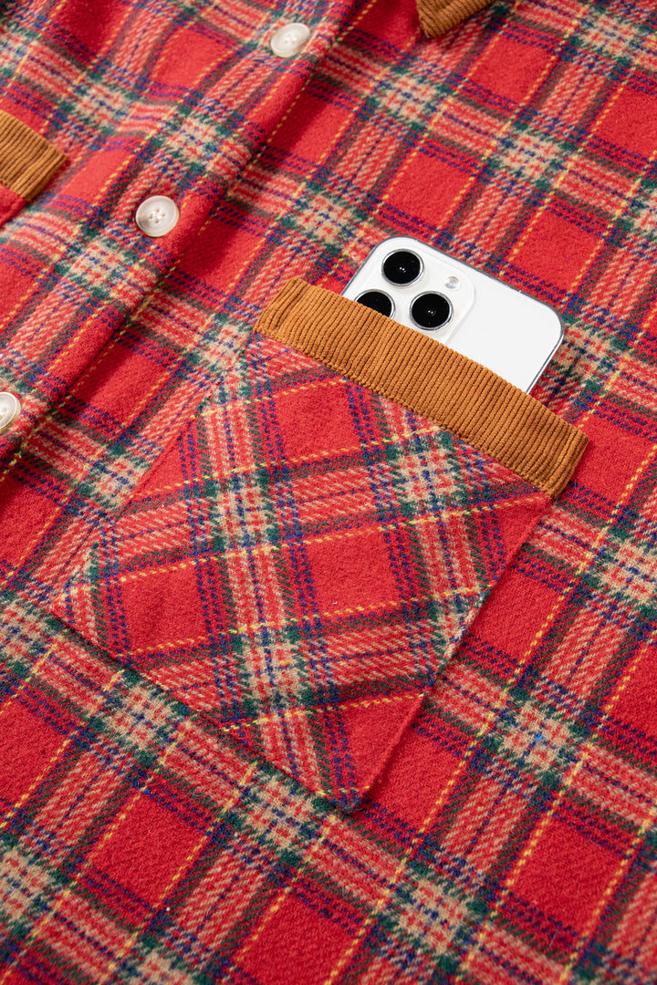 Red Casual Plaid Color Block Collared Button Shacket