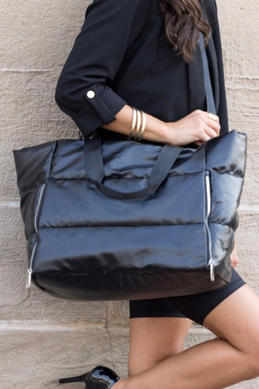 Solid Zipper Puffer Large Tote Bag