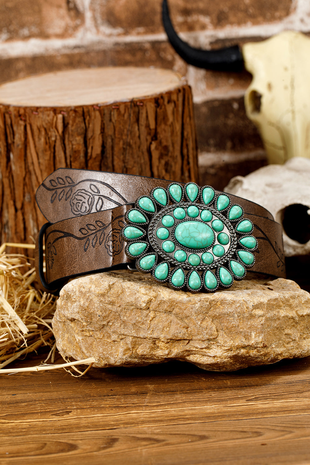 Ceinture en similicuir style western avec pierres précieuses turquoise