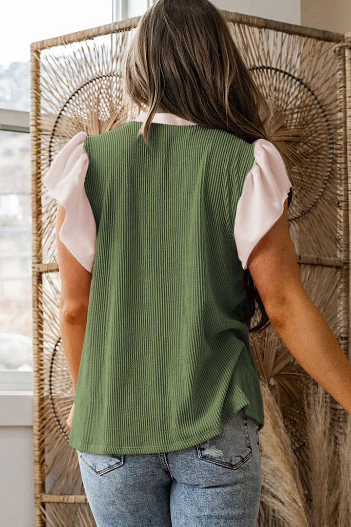Vineyard Green Plus Size Contrast Frilled Neckline Ruffled Short Sleeve Ribbed Textured Blouse