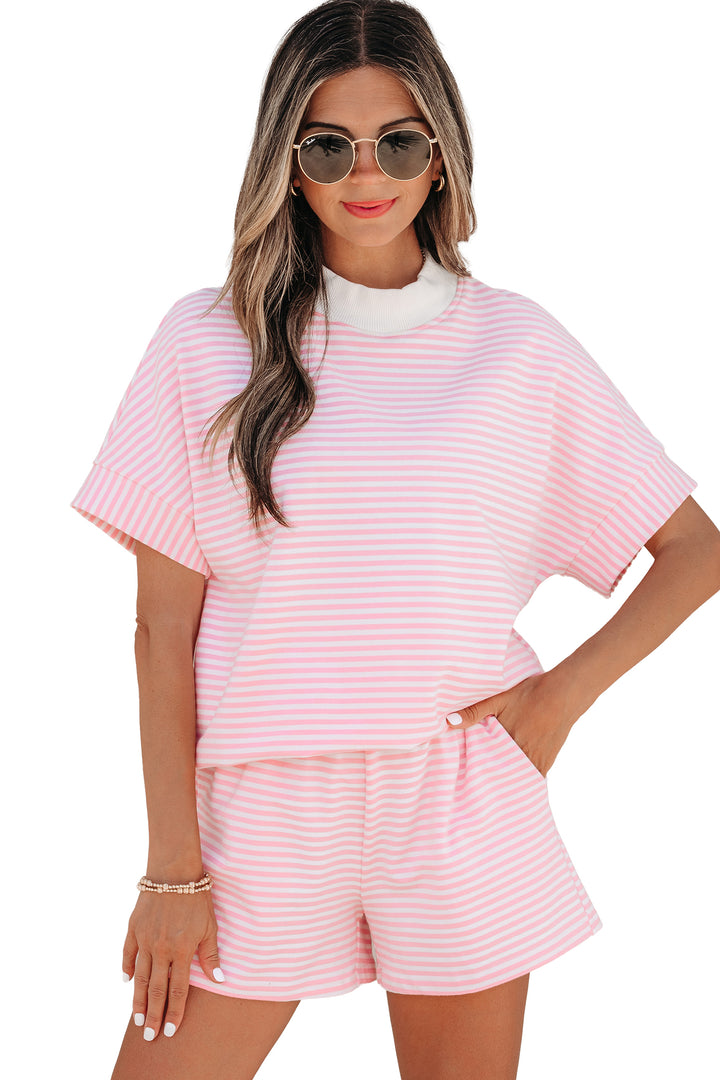 Pink Stripe Cuffed Sleeve Contrast Mock Neck Tee Casual 2pcs Short Set