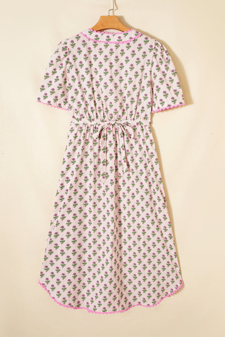 Pink Floral Print V Neck Short Sleeve Cotton Long Dress