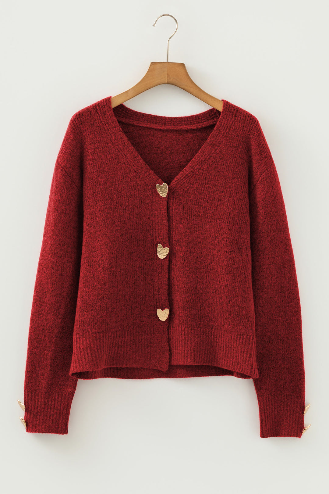 Fiery Red Heart Metal Button V Neck Wool Cardigan Sweater