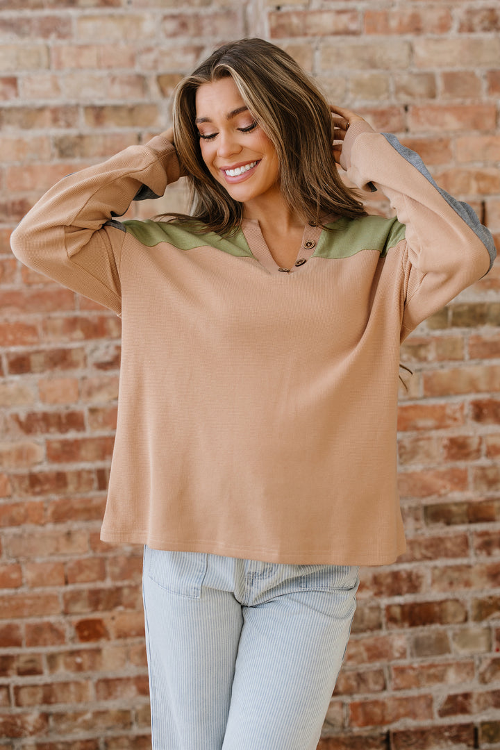 Color Block Thermal Textured Knit Drop Shoulder Henley Top