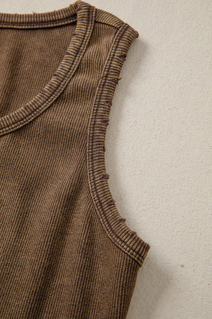 Coffee Vintage Distressed Ribbed Mineral Wash Tank Top