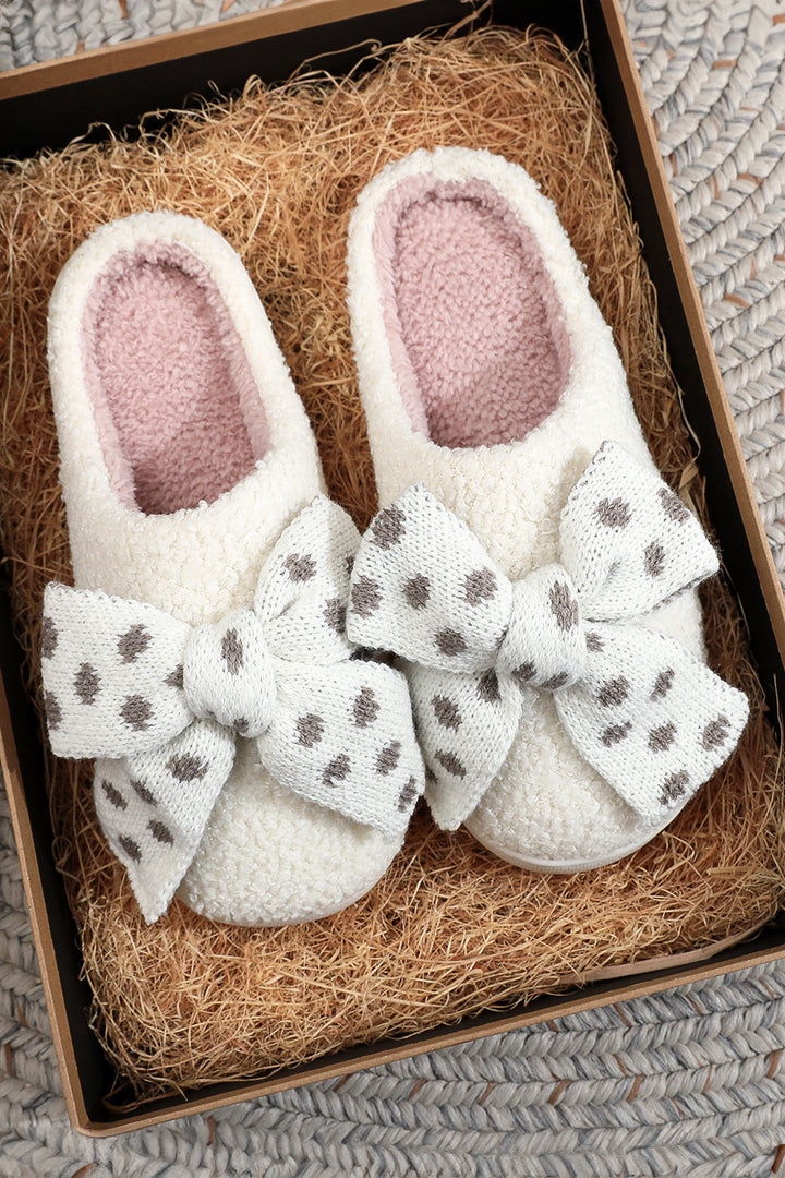 Polka Dot Knit Bow Decor Plush Color Block Slippers