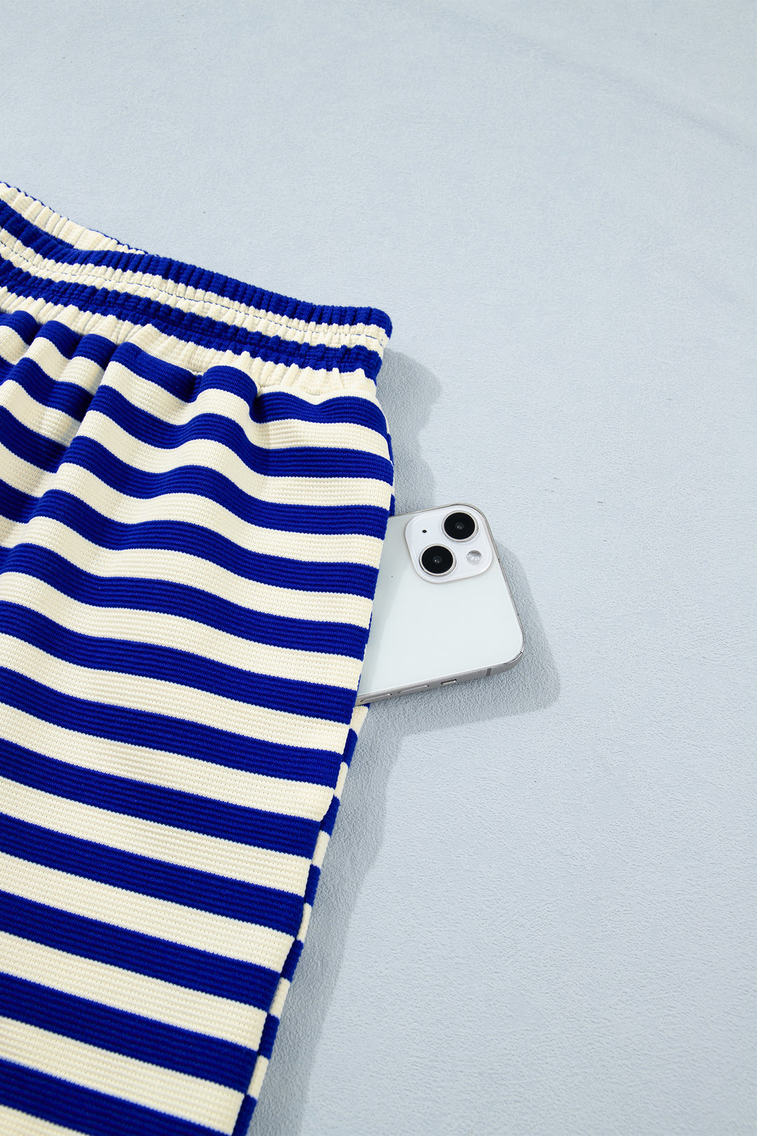 Blue Stripe Contrast Trim Cap Sleeve Top Casual Shorts 2pcs Set