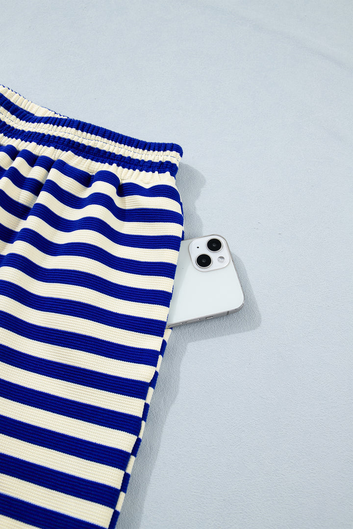 Blue Stripe Contrast Trim Cap Sleeve Top Casual Shorts 2pcs Set