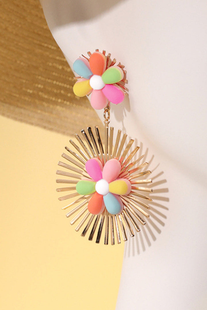 Colorful Flower Gold-pleated Dangle Earrings