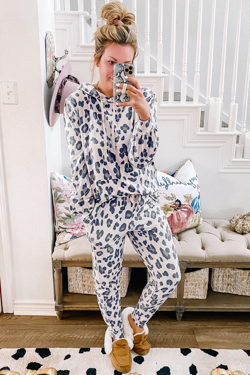 leopard print drawstring hoodie and skinny pants lounge set