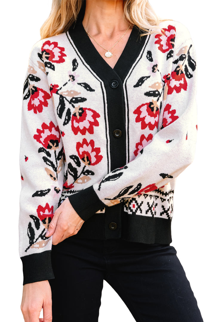 Floral Print Buttoned Front V Neck Knit Cardigan