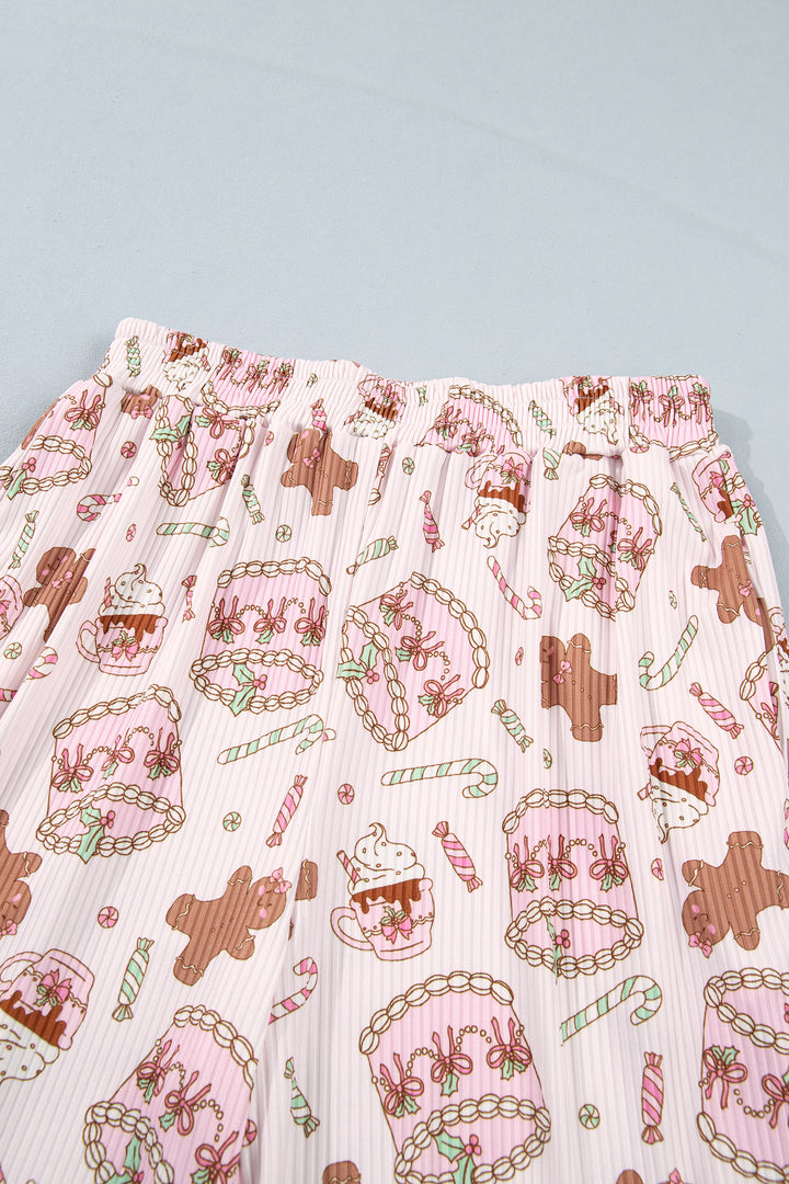 Pink Abstract Christmas Print Long Sleeve Two Piece Lounge Set