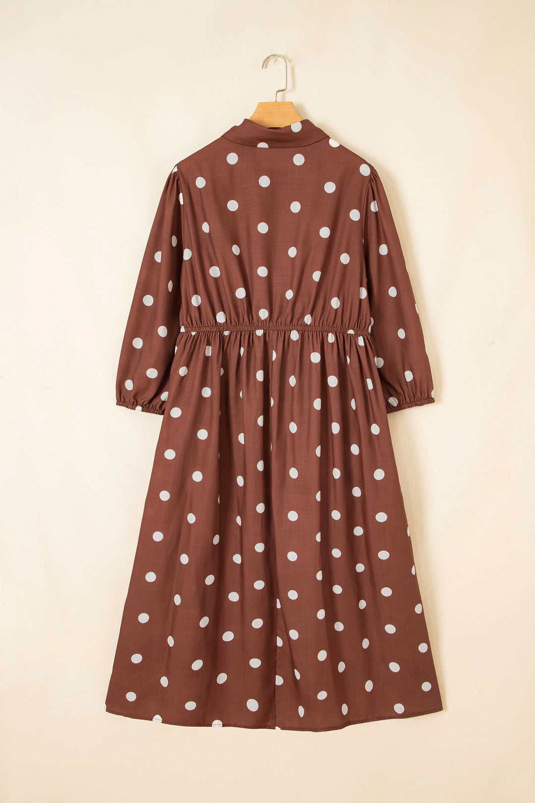 Brown Polka Dot Abdomen Pocket Gathered Cuffs Long Sleeve Shift Plus Size Dress