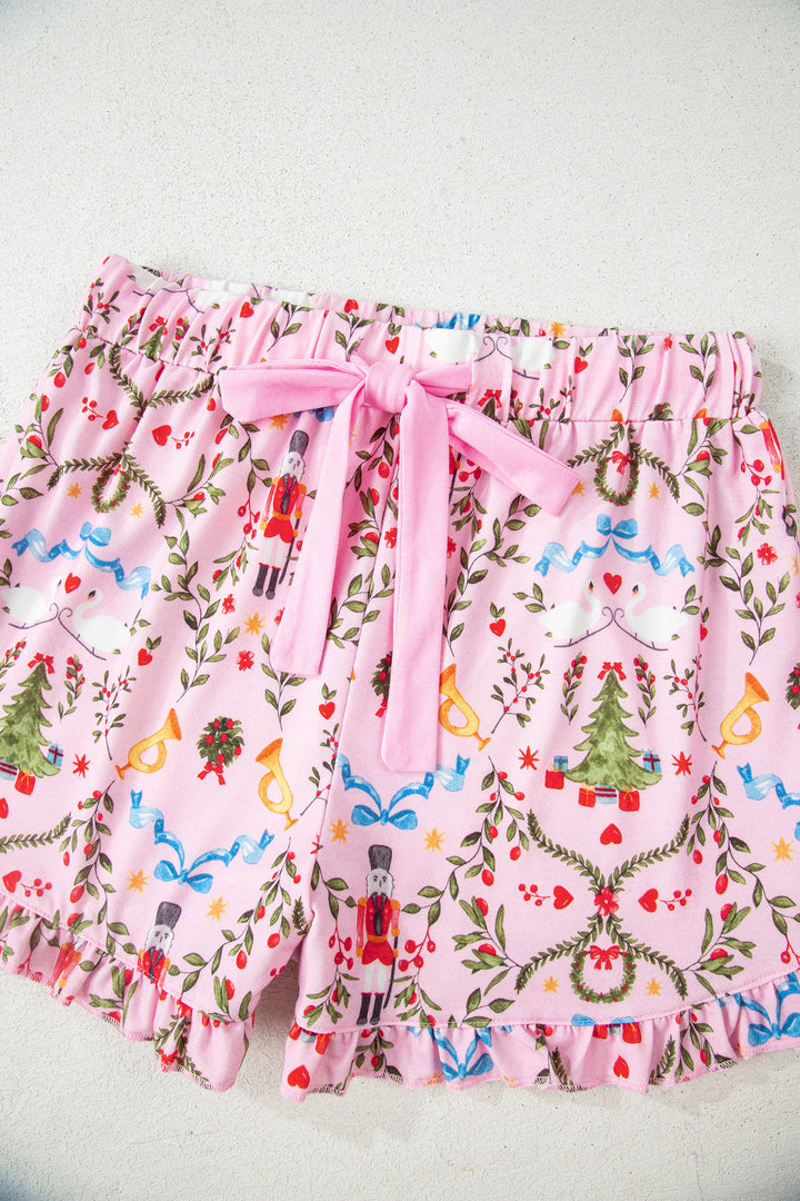 Pink Nutcracker Doll Christmas Print Ribbon Tie Waist Short 2pcs Pajama Set