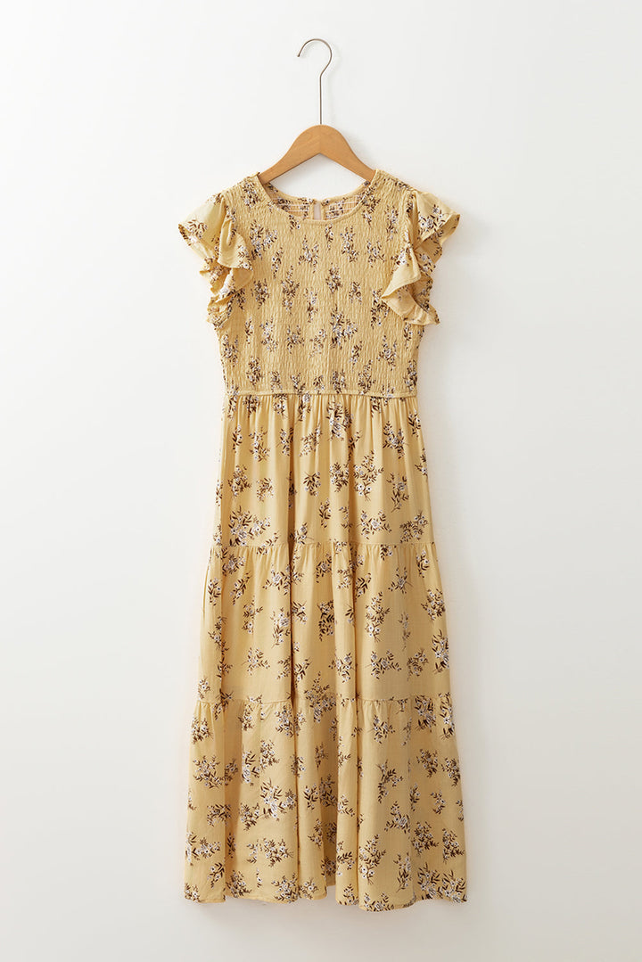 Boho Floral Print Ruffle Smocked Flowy Summer Dress