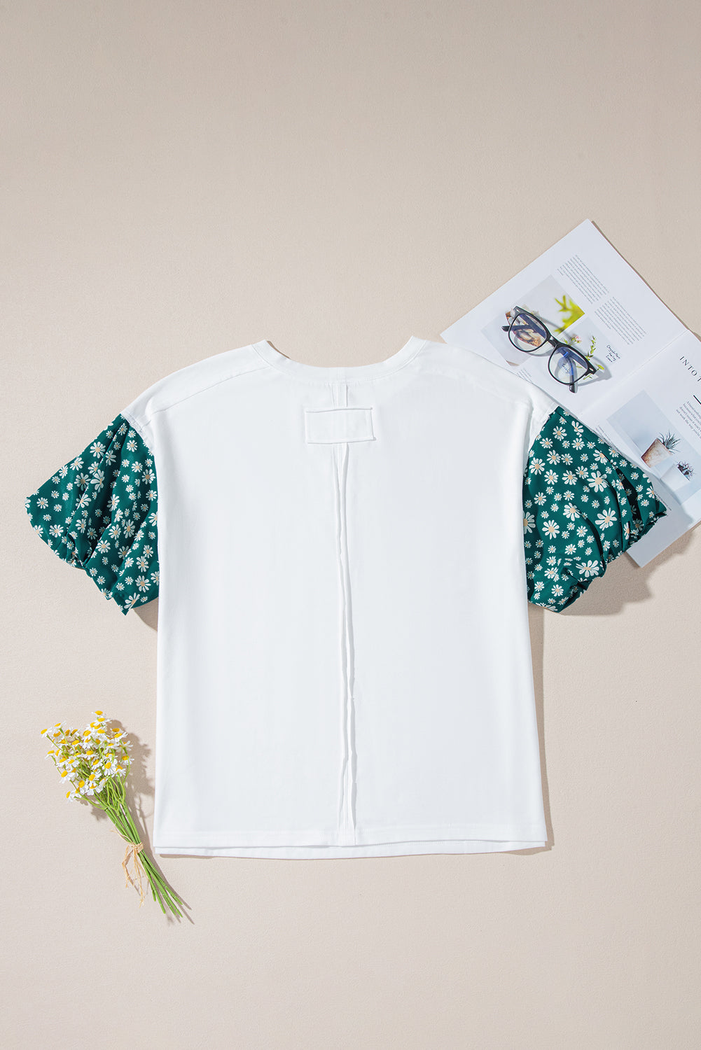 contrast floral puff sleeve oversized top