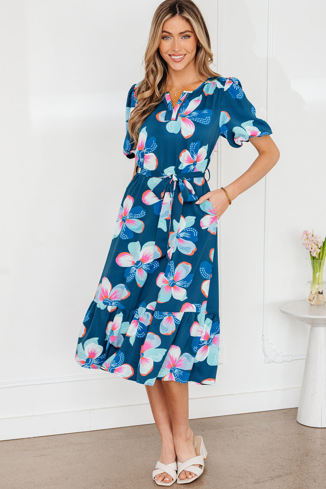 Floral Print Short Puff Sleeve Ruffle Hem Belted Long Dress