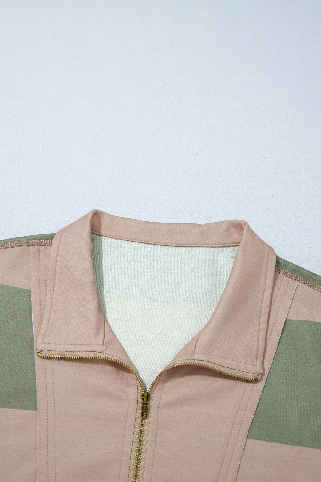 Green Striped Colorblock Zipper Pullover Long Sleeve Loose Top