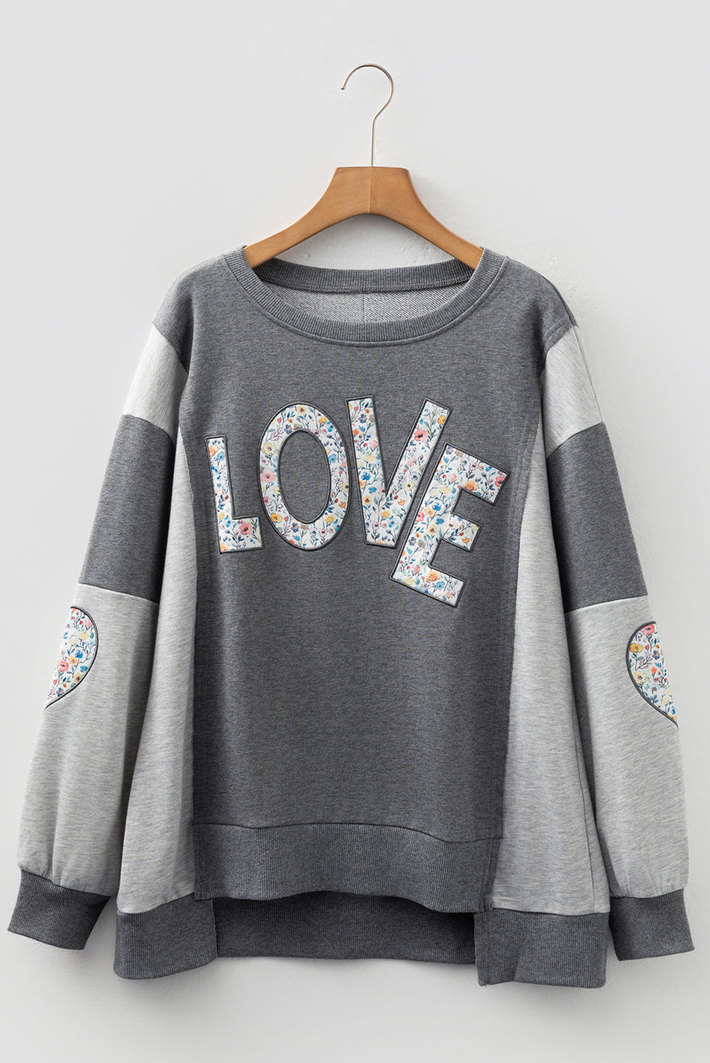LOVE Graphic Exposed Seam Patchwork Uneven Hem Chic Sweatshirt