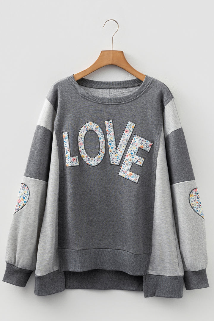 LOVE Graphic Exposed Seam Patchwork Uneven Hem Chic Sweatshirt