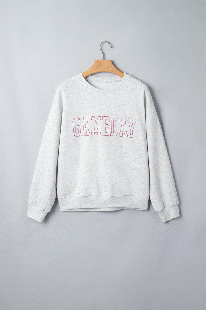 Light Grey Game Day Letter Embroidery Long Sleeve Round Neck Sweatshirt
