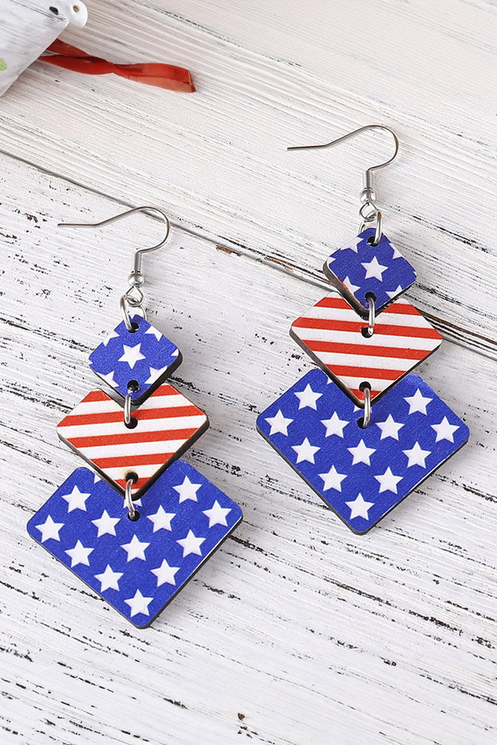 Boucles d'oreilles pendantes géométriques en bois avec motif drapeau et étoiles
