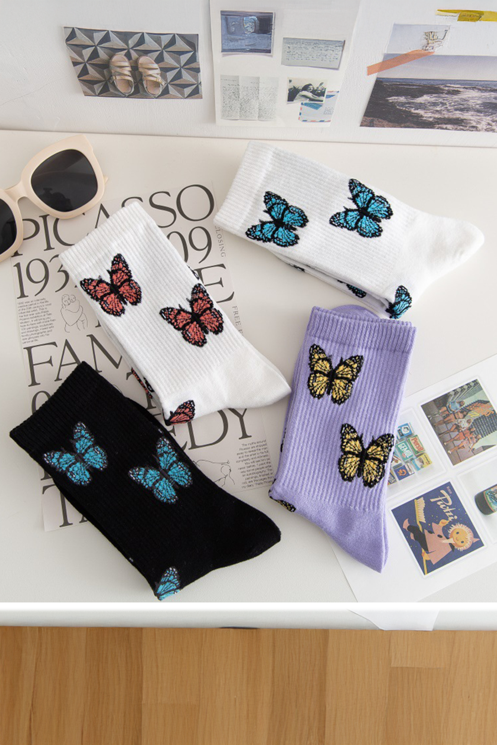 Chaussettes mi-mollet souples à bord côtelé et motif papillon