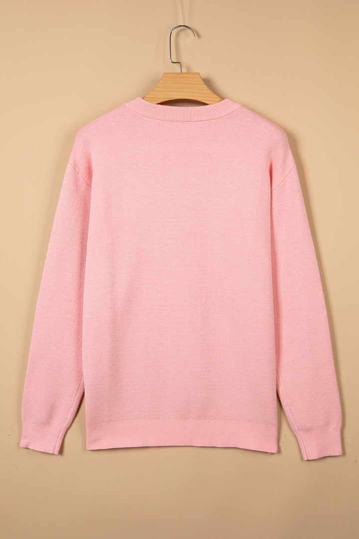 Gossamer Pink Towel Embroidery Slogan Pullover Sweater