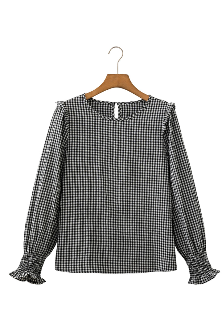 Black Plaid Shirred Cuff Long Sleeve Round Neck Blouse