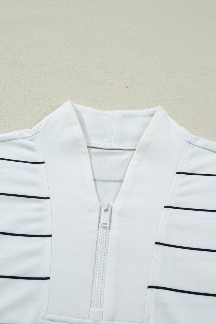 White Stripe Color Block Zip V Neck Sleeveless Top