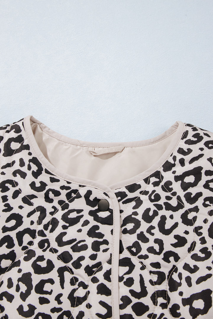 Khaki Leopard Print Patch Pockets Binding Tape Long Sleeve Regular Fit Jacket