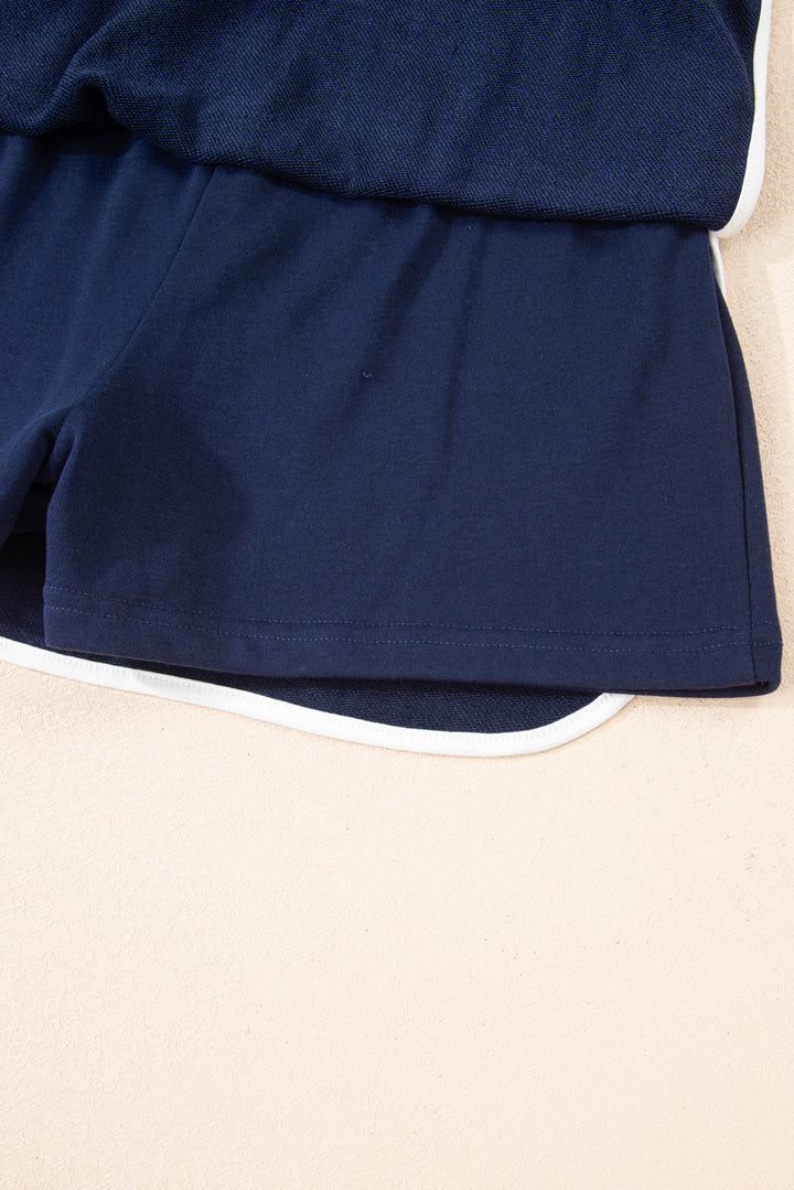 Navy Blue Varsity Stripe Detail Pullover Mini Skort Set