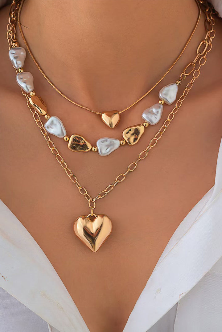 Plated Layered Heart Pendant Irregular Pearl Layered Necklace