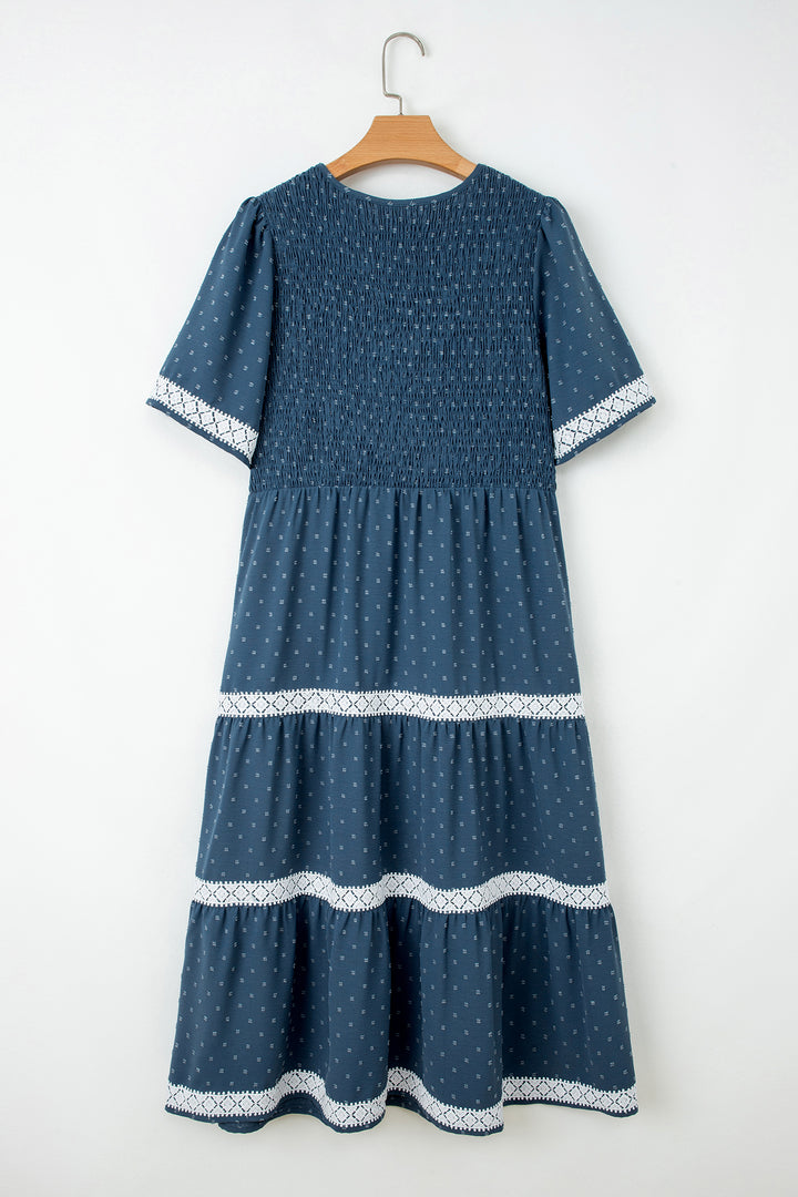 Dusk Blue Plus Size V Neck Swiss Dot Lace Flared Midi Dress