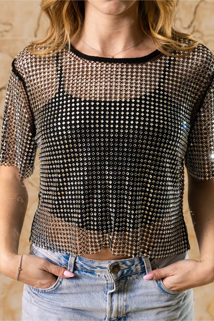 Color black Rhinestone Mesh Round Neck Raw Hem T Shirt