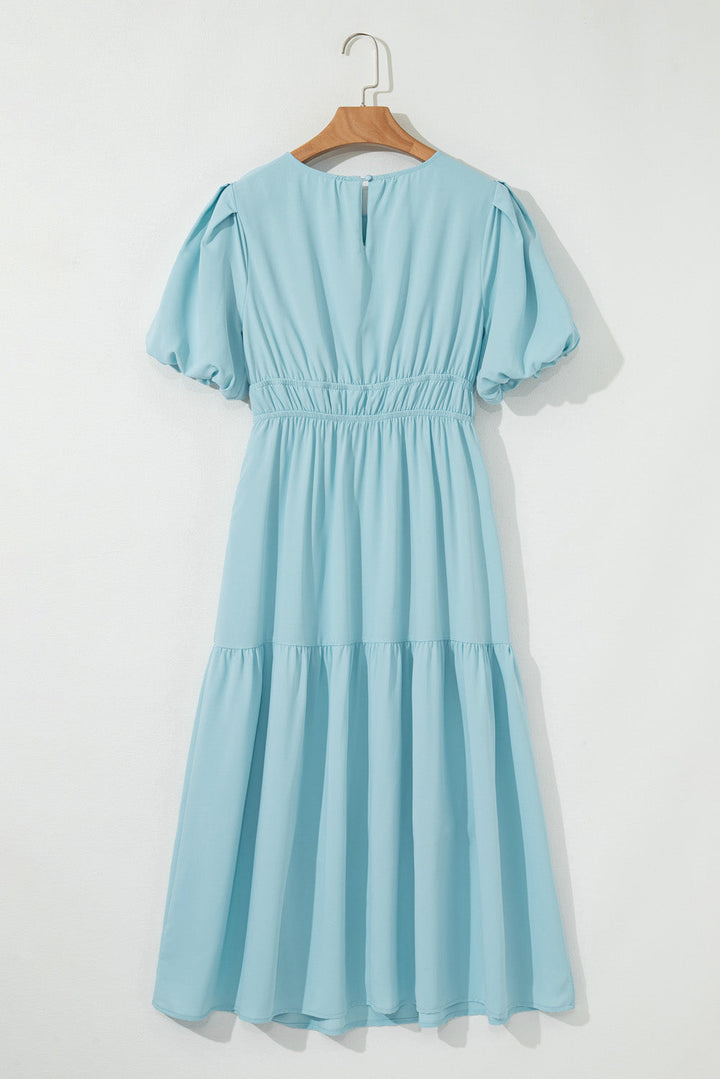Puff Sleeve Pleated High Waist Flowy Midi Dress