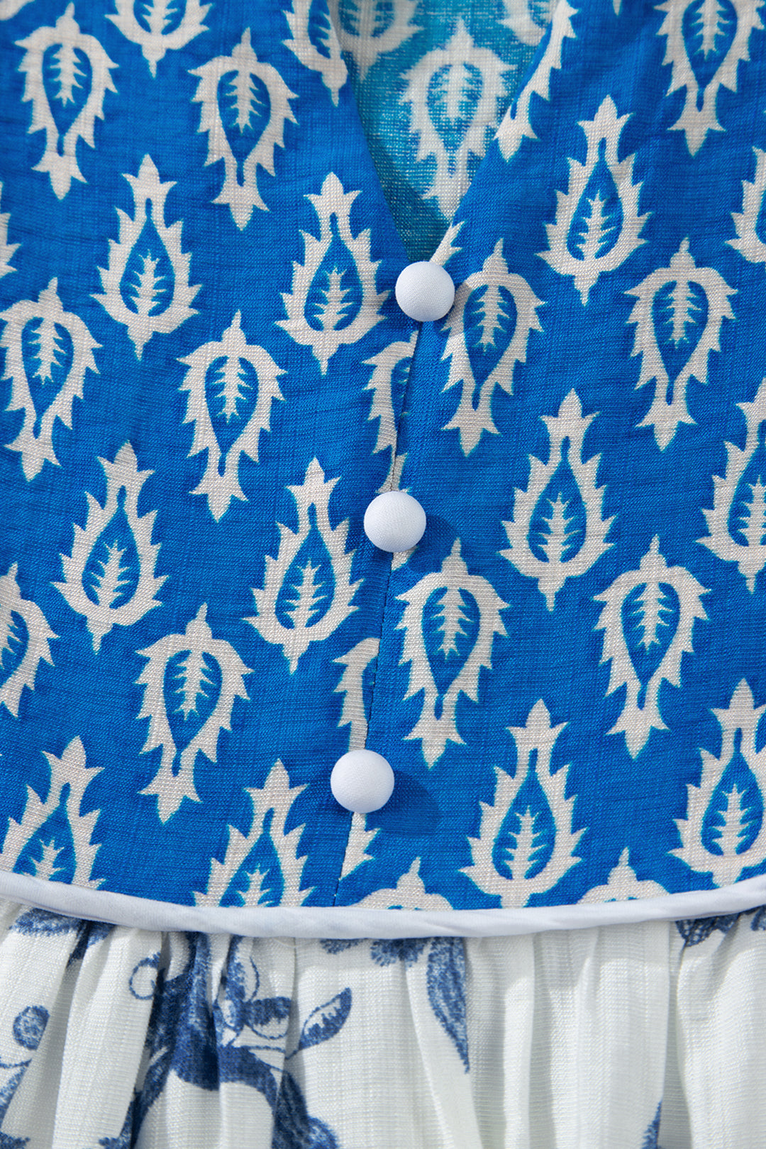 Sky Blue Boho Abstract Print Contrast Trim V Neck Tassel Tie Dress
