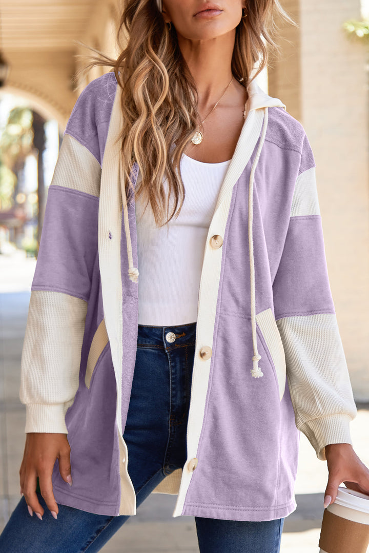 Waffle Contrast Knit Color Block Patchwork Button Front Oversize Hoodie