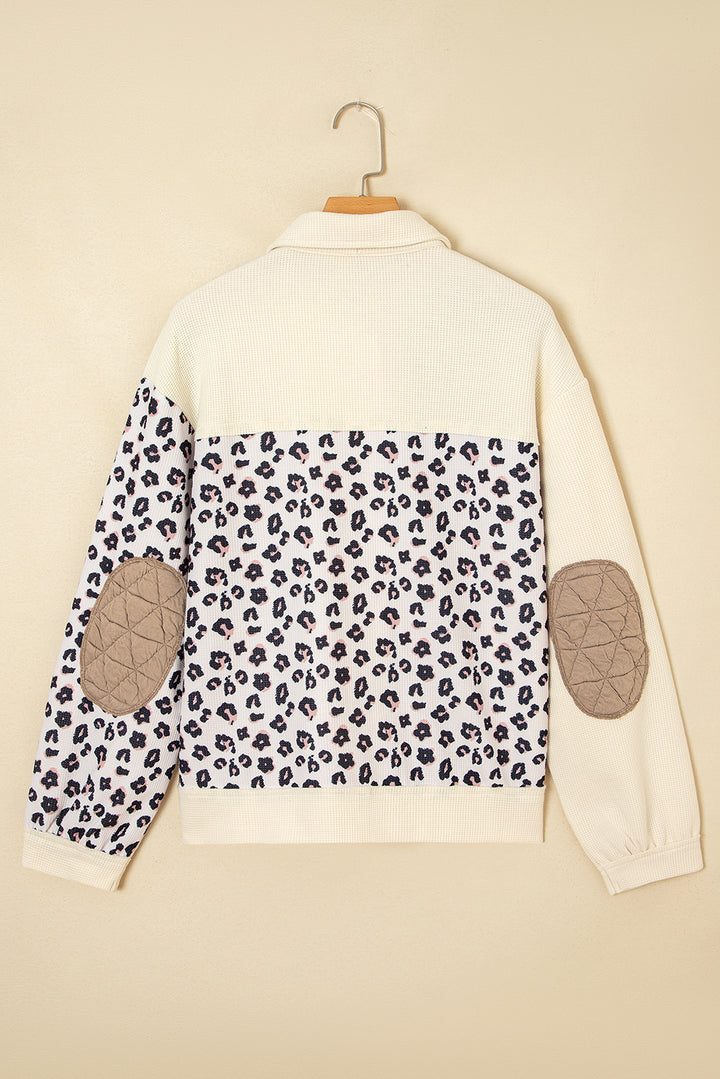 Khaki Leopard Waffle Quilted Patchwork Button Front Jacket