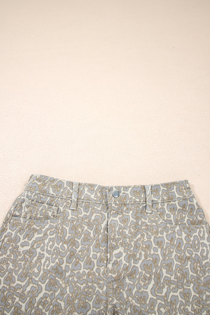 Khaki Raw Edge Leopard Print Denim Shorts