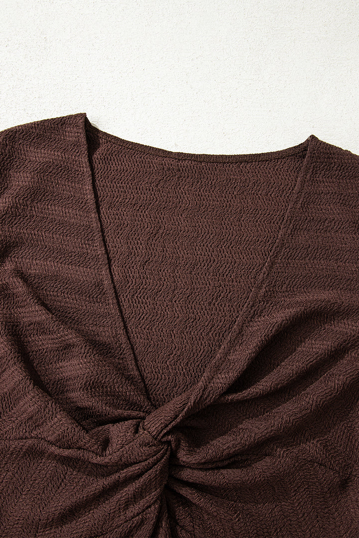 Coffee Textured Twist Front V Neck Long Sleeve Slim Solid Color Top