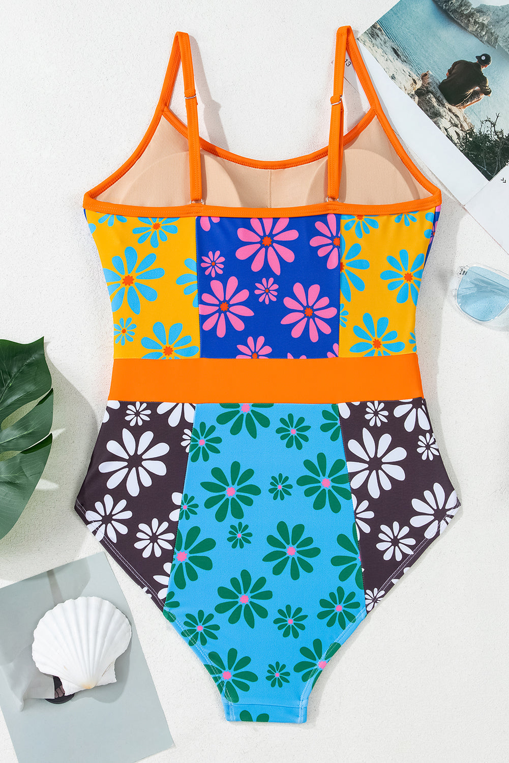 floral colorblock buttoned da cor front spaghetti straps teddy swimsuit