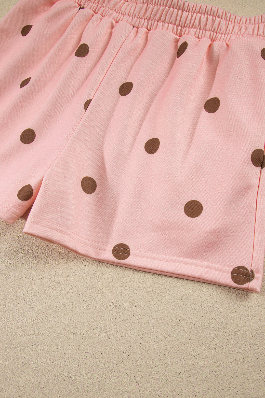 Pink Polka Dot Ribbed Trim Long Sleeve Top Casual Short Set